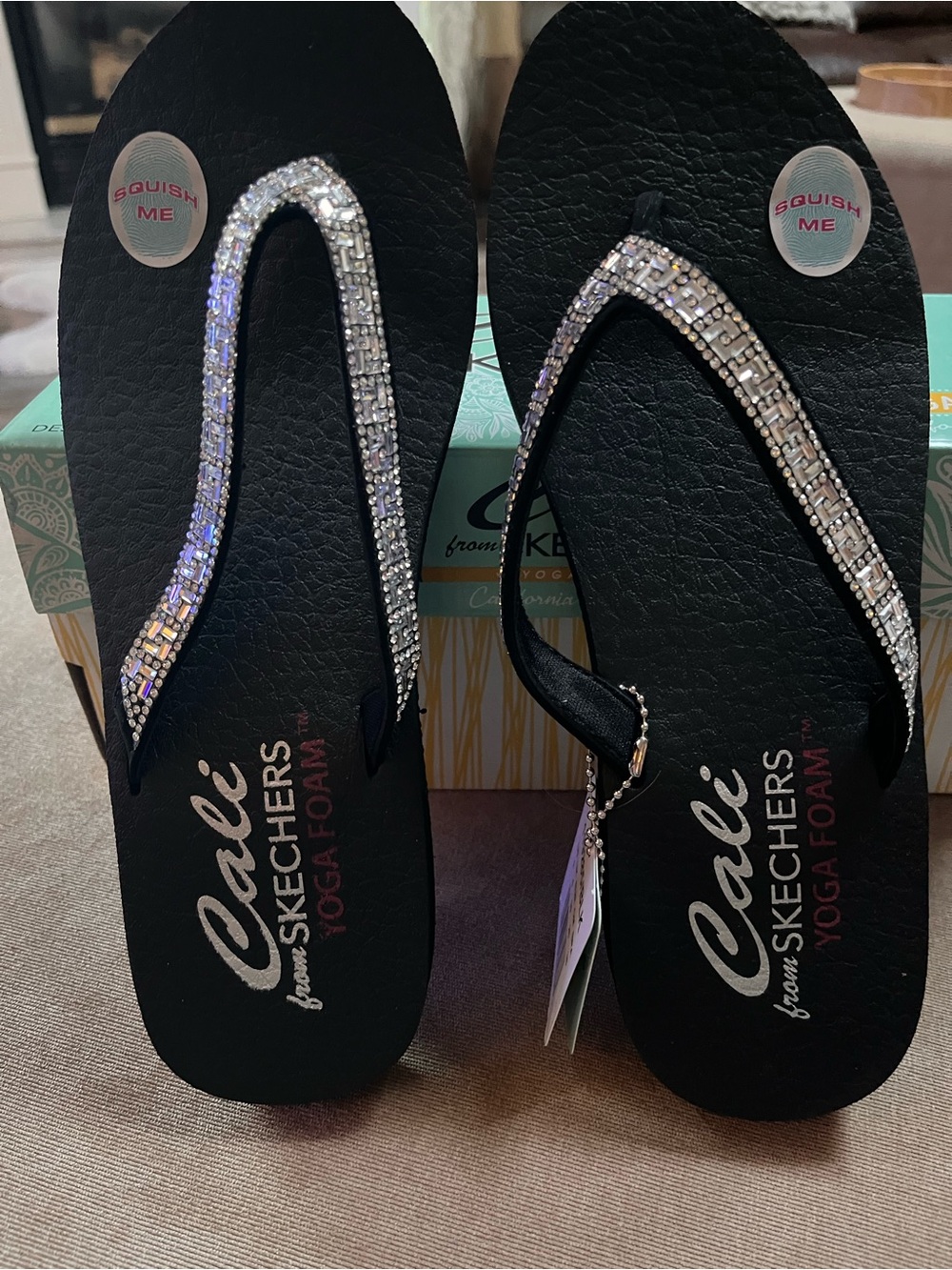 Skechers Women's Black Flip Flop Sandals with Rhinestone Straps